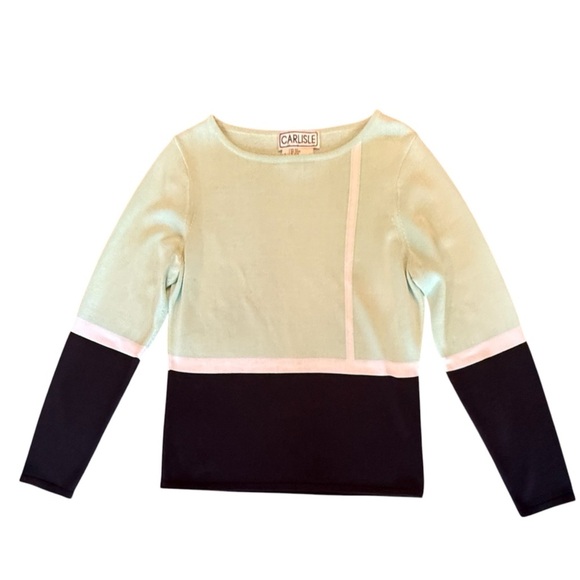 Carlisle Silk Mint Green/Navy Colorblock Long Sleeve Sweater Size Large $325 - Picture 1 of 9